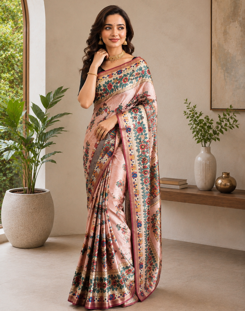 light pink colour design kalamkari fusion silk blend saree