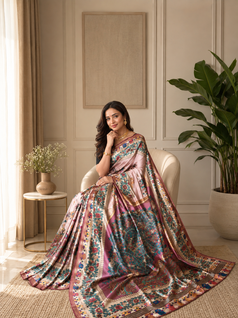light pink colour design kalamkari fusion silk blend saree