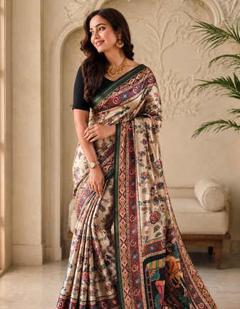 off white colour design kalamkari fusion silk blend saree