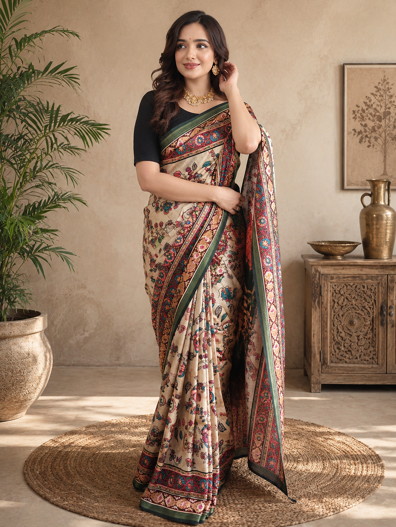 off white colour design kalamkari fusion silk blend saree