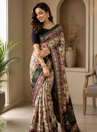 off white colour design kalamkari fusion silk blend saree