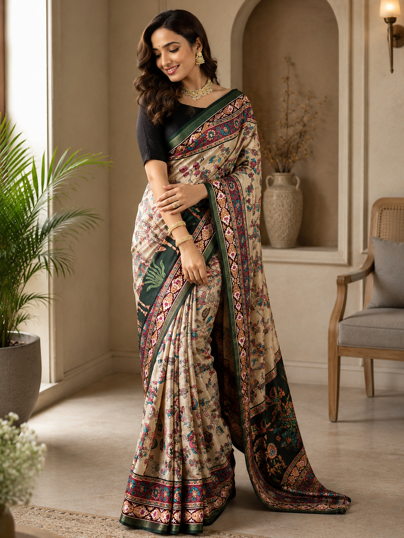 off white colour design kalamkari fusion silk blend saree