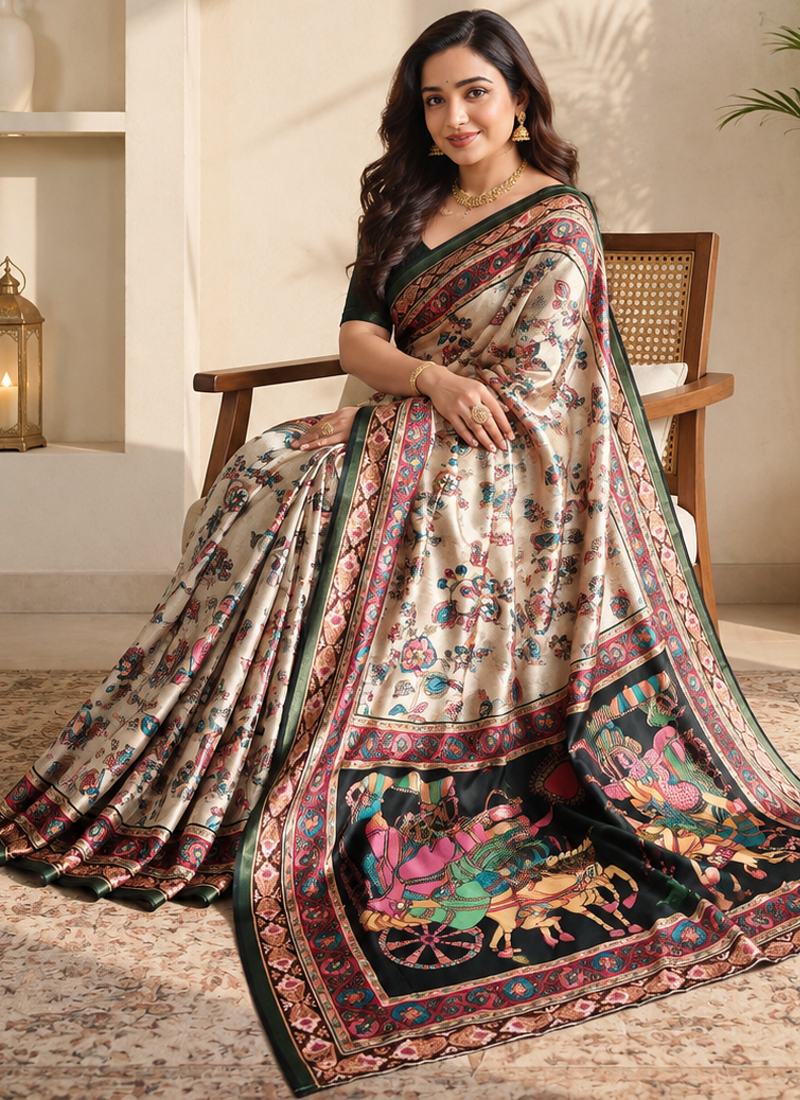 off white colour design kalamkari fusion silk blend saree