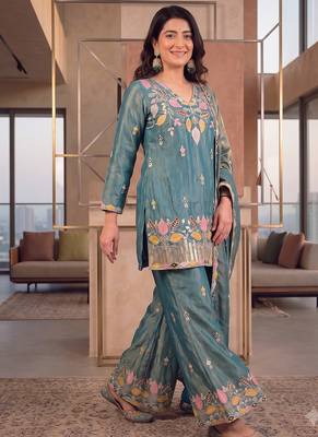 Teal silk embroidered kurti palazzo set with dupatta 1