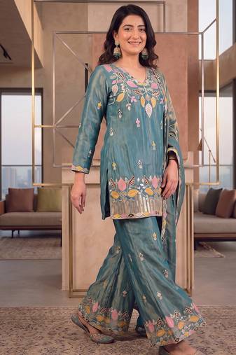 Teal silk embroidered kurti palazzo set with dupatta