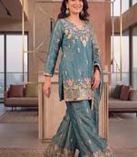 Teal silk embroidered kurti palazzo set with dupatta