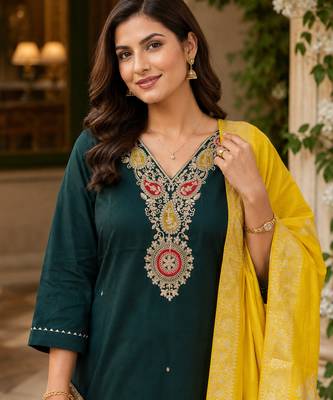 Kavindi women   s cotton silk resham zari embroidered kurta pant dupatta set 3