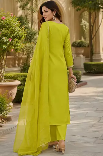 Kavindi women silk blend embroidered straight kurta pant set with nazneen dupatta