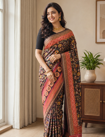 peach colour design kalamkari fusion silk blend saree