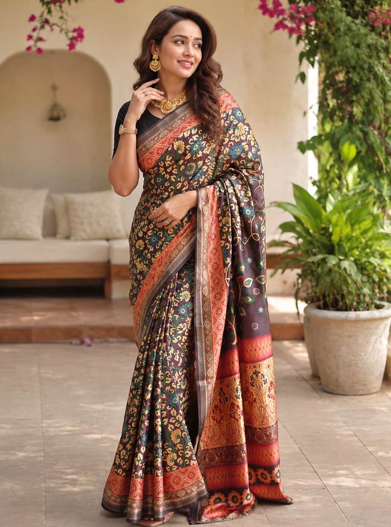 peach colour design kalamkari fusion silk blend saree