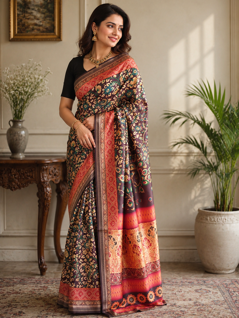 peach colour design kalamkari fusion silk blend saree