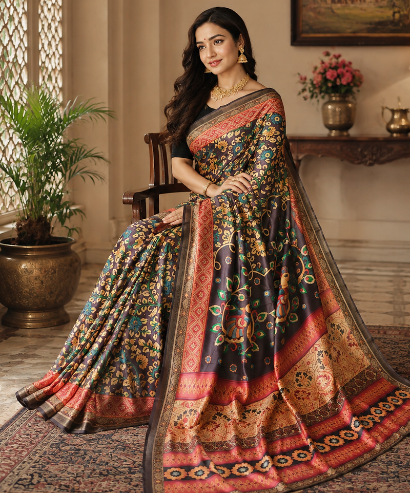 peach colour design kalamkari fusion silk blend saree
