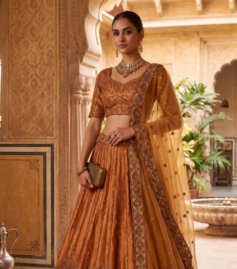 Brown Embroidered Lehenga Choli for Women with Dupatta