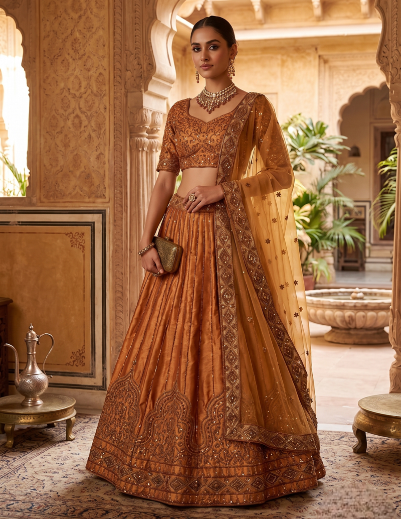 Brown Embroidered Lehenga Choli for Women with Dupatta
