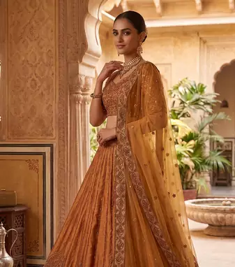Brown Embroidered Lehenga Choli for Women with Dupatta