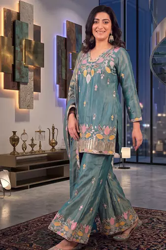 Teal silk embroidered kurti palazzo set with dupatta