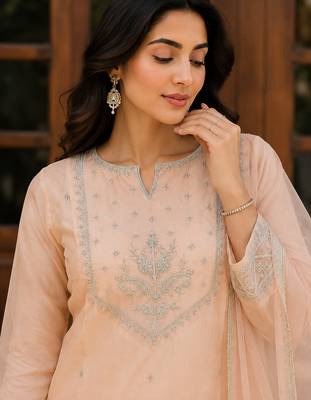 Kavindi women   s zari & sequin embroidered organza kurta palazzo set with dupatta 3