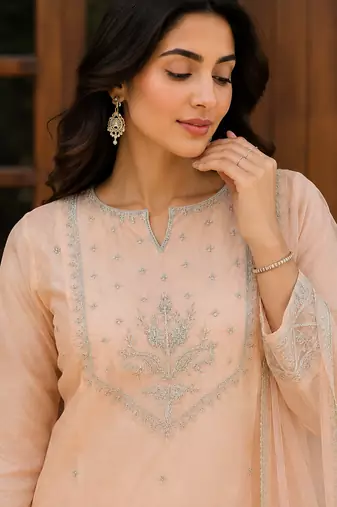 Kavindi women’s zari & sequin embroidered organza kurta palazzo set with dupatta