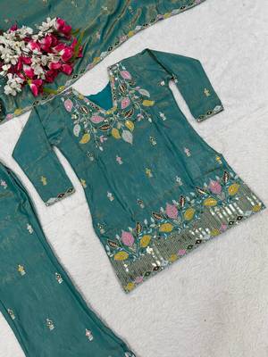 Teal silk embroidered kurti palazzo set with dupatta 4