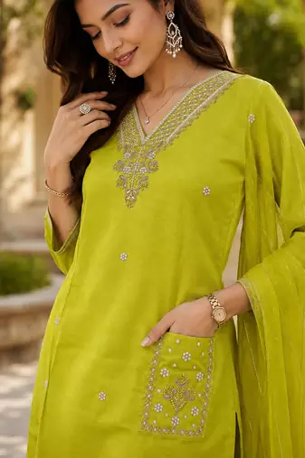 Kavindi women silk blend embroidered straight kurta pant set with nazneen dupatta