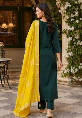 Kavindi women   s cotton silk resham zari embroidered kurta pant dupatta set 4