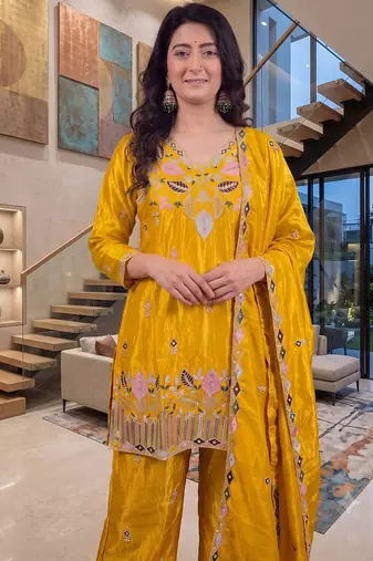 Mustard yellow silk embroidered kurti palazzo set with dupatta