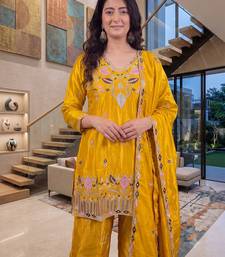 Mustard yellow silk embroidered kurti palazzo set with dupatta