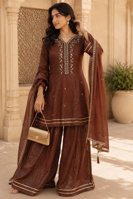 Kavindi women   s silk zari & sequin embroidered flared kurta set with palazzo and dupatta 4