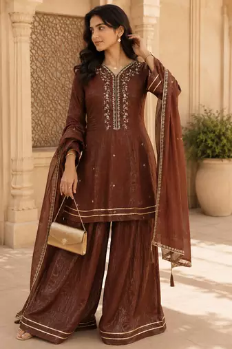 Kavindi women’s silk zari & sequin embroidered flared kurta set with palazzo and dupatta
