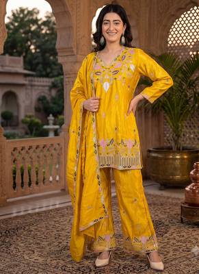 Mustard yellow silk embroidered kurti palazzo set with dupatta 1