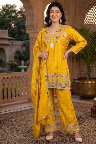 Mustard yellow silk embroidered kurti palazzo set with dupatta