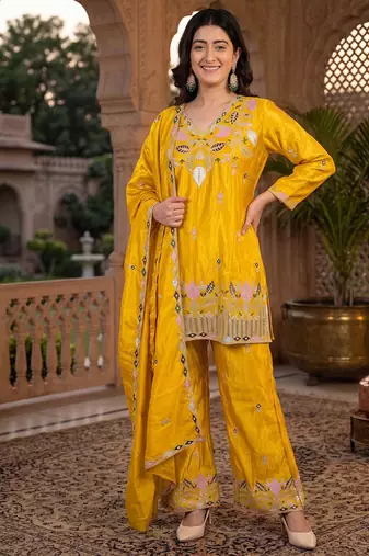 Mustard yellow silk embroidered kurti palazzo set with dupatta