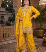 Mustard yellow silk embroidered kurti palazzo set with dupatta