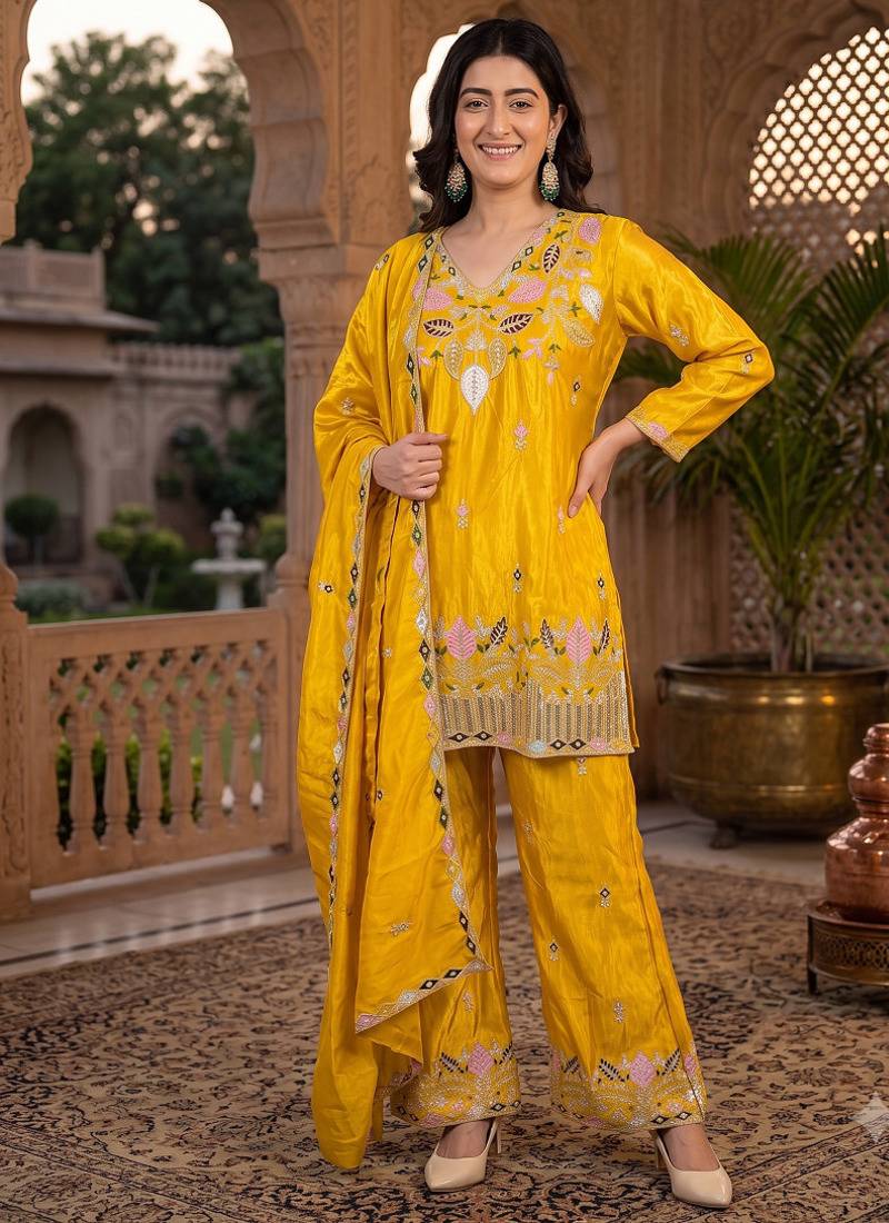 Mustard yellow silk embroidered kurti palazzo set with dupatta