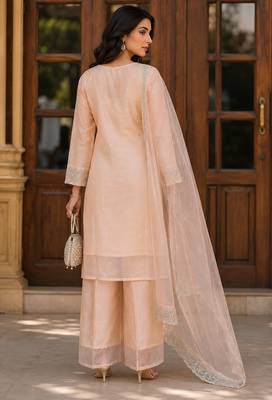 Kavindi women   s zari & sequin embroidered organza kurta palazzo set with dupatta 4