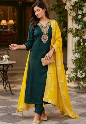 Kavindi women   s cotton silk resham zari embroidered kurta pant dupatta set 5