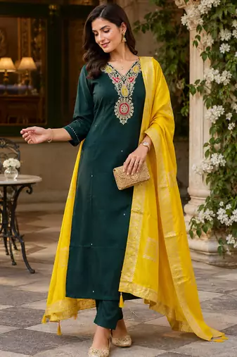 Kavindi women’s cotton silk resham zari embroidered kurta pant dupatta set