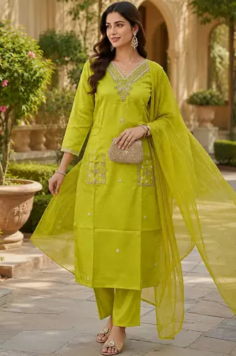 Kavindi women silk blend embroidered straight kurta pant set with nazneen dupatta