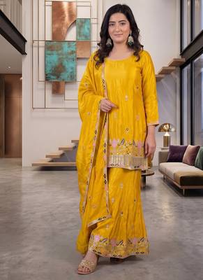 Mustard yellow silk embroidered kurti palazzo set with dupatta 3