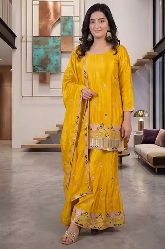 Mustard yellow silk embroidered kurti palazzo set with dupatta