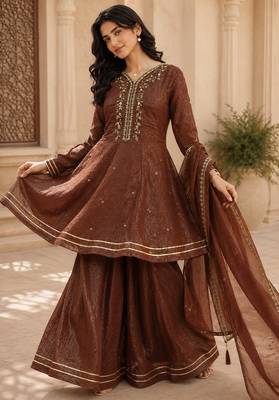 Kavindi women   s silk zari & sequin embroidered flared kurta set with palazzo and dupatta 5