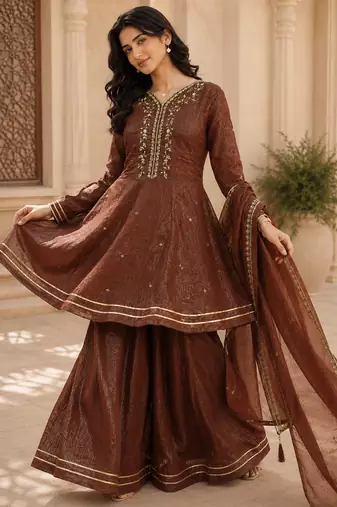 Kavindi women’s silk zari & sequin embroidered flared kurta set with palazzo and dupatta