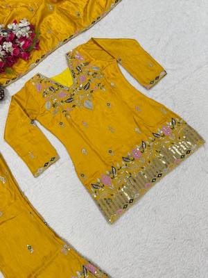 Mustard yellow silk embroidered kurti palazzo set with dupatta 4