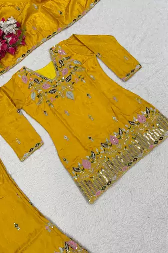 Mustard yellow silk embroidered kurti palazzo set with dupatta