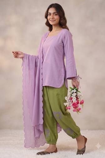 Women's lavender short kurti and olive green salwar set with scallop border dupatta