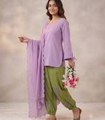 Women's lavender short kurti and olive green salwar set with scallop border dupatta