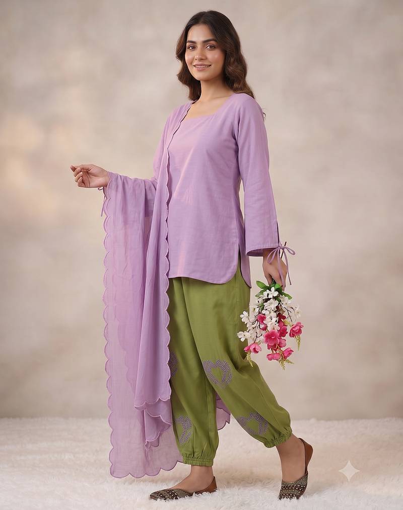 Women's lavender short kurti and olive green salwar set with scallop border dupatta