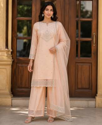 Kavindi women   s zari & sequin embroidered organza kurta palazzo set with dupatta 5