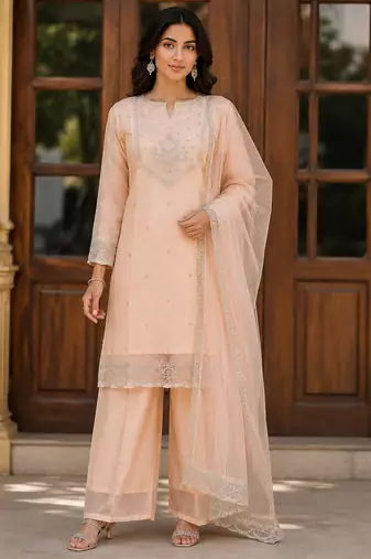 Kavindi women’s zari & sequin embroidered organza kurta palazzo set with dupatta