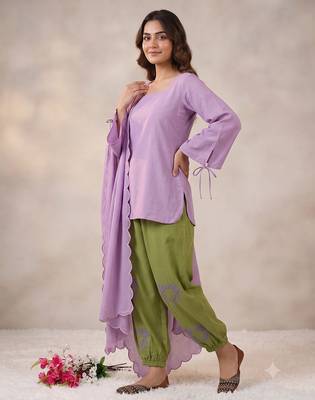 Women's lavender short kurti and olive green salwar set with scallop border dupatta 2